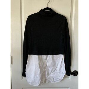 Theory Combo Tunic Wool Sweater Black White Shirt Color Block Ribbed Knit Size M